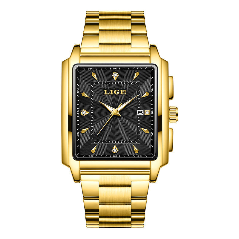 Lige Men's Business Casual Square Large Dial Steel Belt Watch Gold Color Quartz Automatic Movement Waterproof Watch - Acquisti Online
