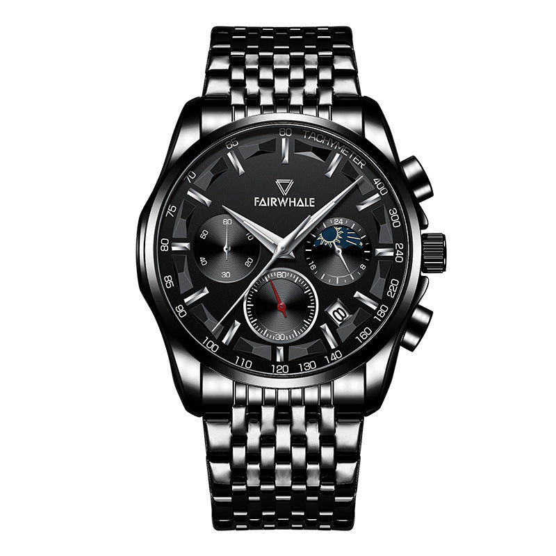 Orologio da polso Mark Fairwale Fashion, orologio multifunzione al quarzo Three Eyes Timing da uomo con fasi lunari.