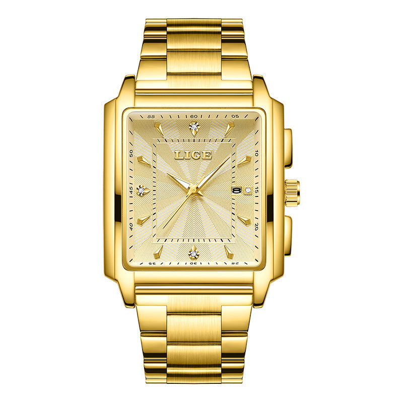 Lige Men's Business Casual Square Large Dial Steel Belt Watch Gold Color Quartz Automatic Movement Waterproof Watch - Acquisti Online