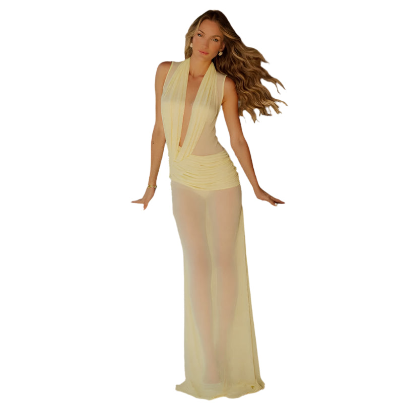 Women's Swing Collar Mesh See-through Long Dress Fashionable Hip Skirt Pullover Long Dress Women's Long Dress