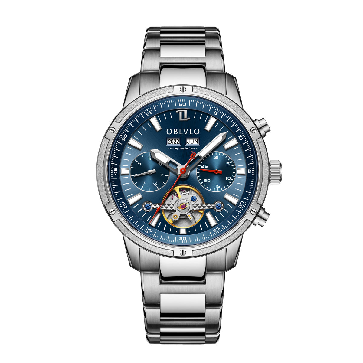 Orologio automatico da uomo OBLVLO con tourbillon meccanico, cinturino in acciaio inossidabile luminoso, orologio con calendario impermeabile in zaffiro