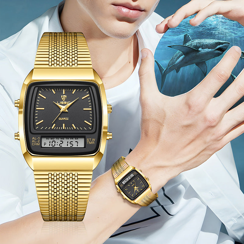 Orologio da polso digitale da uomo LIEBIG con cinturino in acciaio dorato, al quarzo, con doppio fuso orario e display settimanale, impermeabile