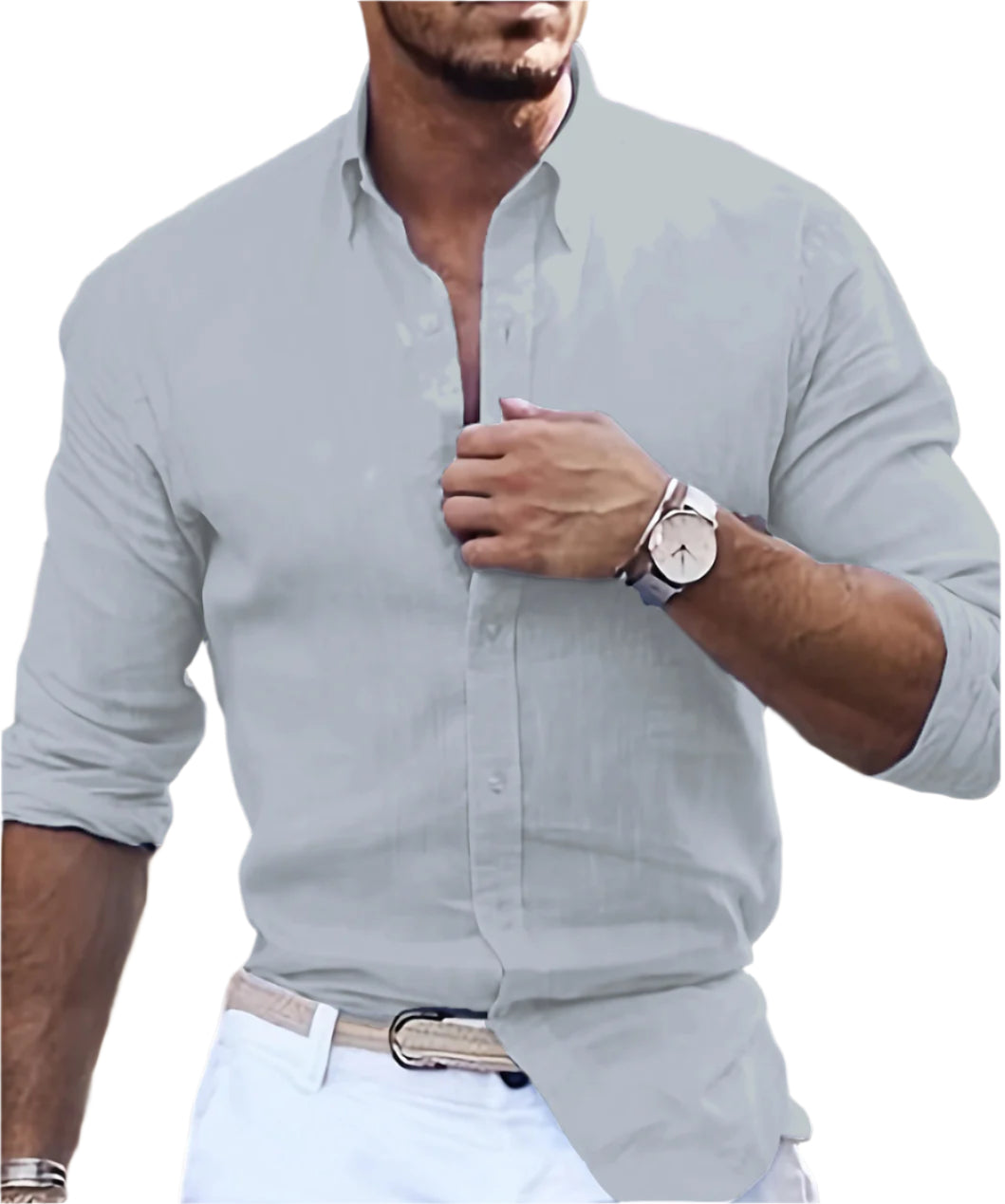 Katoenen linnen overhemd met lange mouwen, effen kleur, polokraag, casual stijl, herenoverhemd