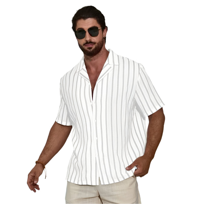 Men's Fashionable Casual Shirt Solid Color Geometric Contrast Color Striped 3D Digital Printing Men's Short Sleeve Shirt