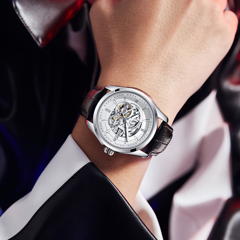 KUERST Automatic Mechanical Watch Double Press Arc Buckle Waterproof Double hollow Luminous Automatic Mechanical Watch