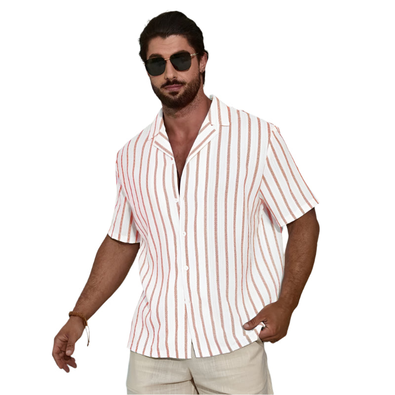 Men's Fashionable Casual Shirt Solid Color Geometric Contrast Color Striped 3D Digital Printing Men's Short Sleeve Shirt