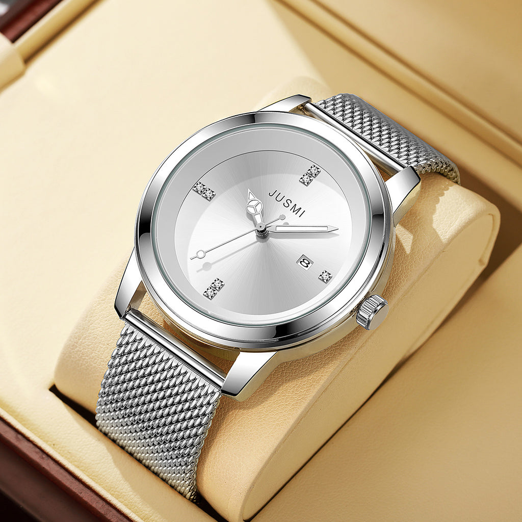 Men's Luxury Quartz Watch Stainless Steel Dial Casual Wristwatch Atmosphere Mesh Strap Quartz Watch
