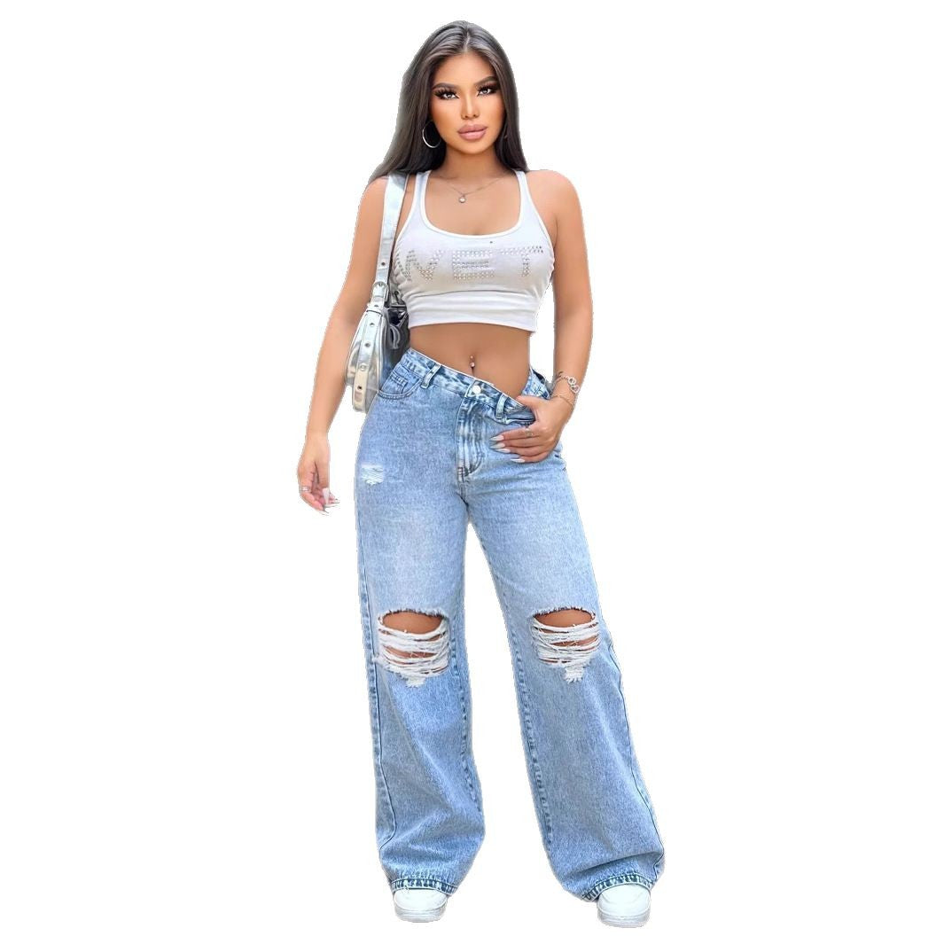 Women's New Ripped Washed Jeans Style Loose Straight Wide Leg Denim Pants Simple Casual Women's Fashion Jeans