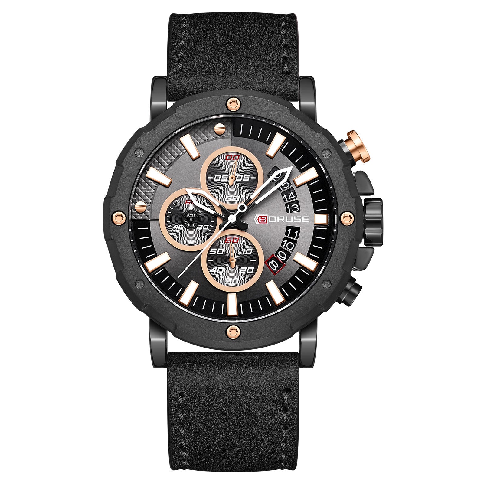 BORUSE Men's Business Quartz Watch Luxury Round Men's Watch Leather Strap Analog Calendar Men's Watch