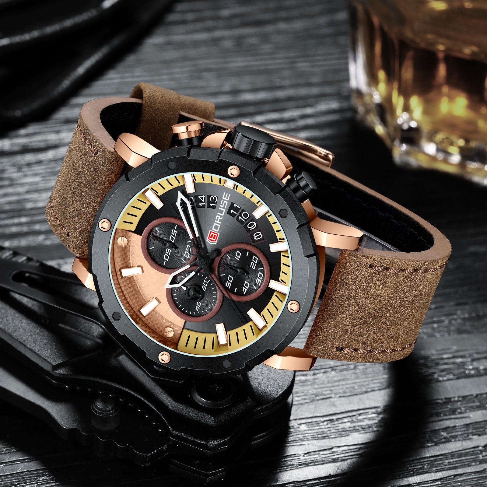 BORUSE Men's Business Quartz Watch Luxury Round Men's Watch Leather Strap Analog Calendar Men's Watch