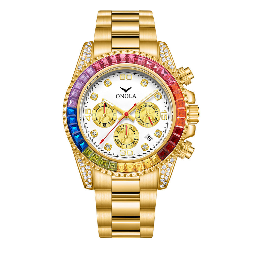 ONOLA Men's Luxury Fashion Business Chronograph Quartz Watch Rhinstone Stainless Steel Waterproof Men Quartz Watch