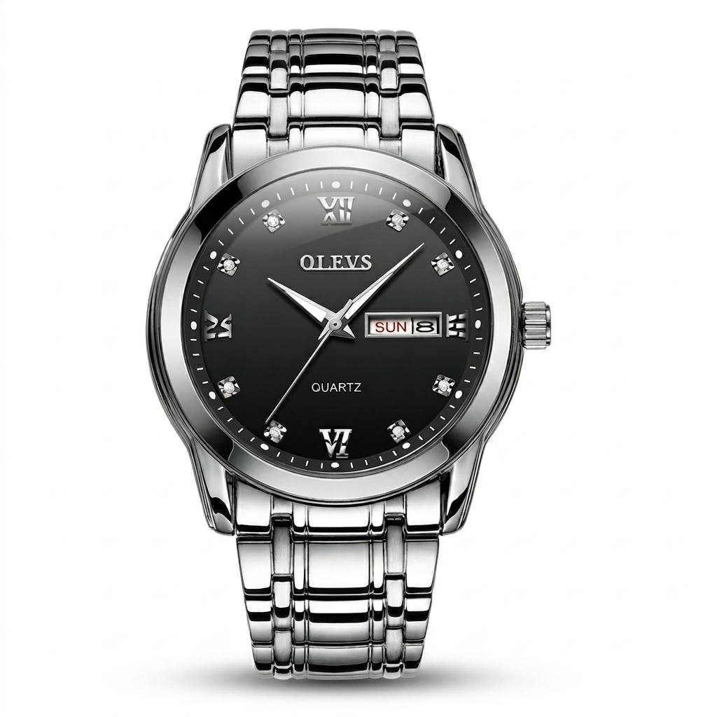 Silver watch with black dial on a white background