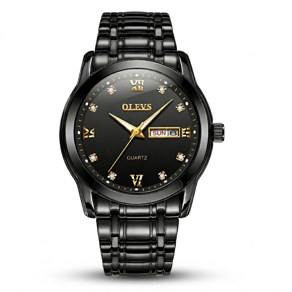 Black wristwatch with gold accents on a white background