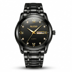Black wristwatch with gold accents on a white background