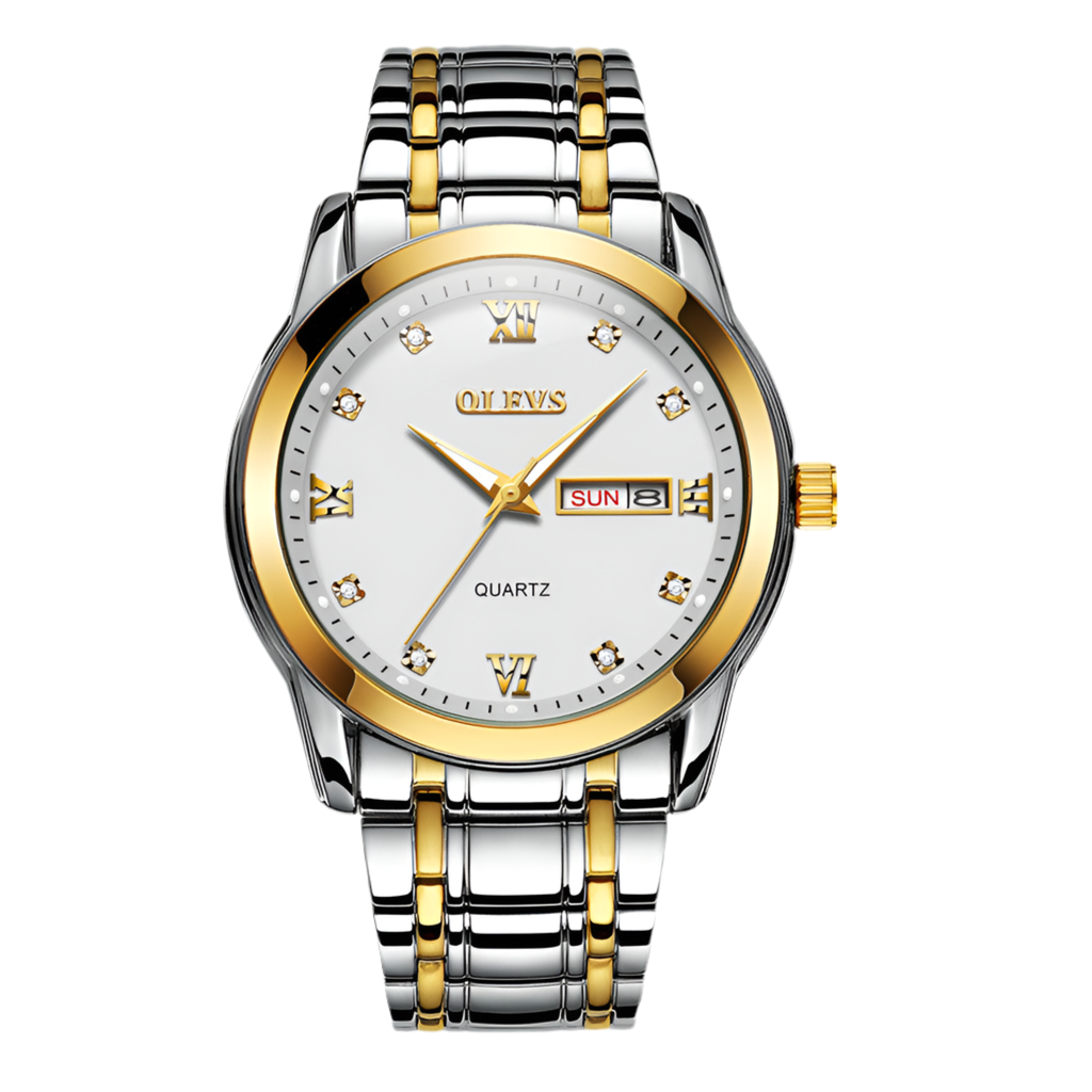 A stylish men's quartz watch with a silver and gold stainless steel band and a white round dial with gold details and a butterfly double snap buckle.