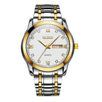 A stylish men's quartz watch with a silver and gold stainless steel band and a white round dial with gold details and a butterfly double snap buckle.