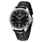 A blue mechanical watch with a round dial, stainless steel case, pin buckle, and a blue leather strap.