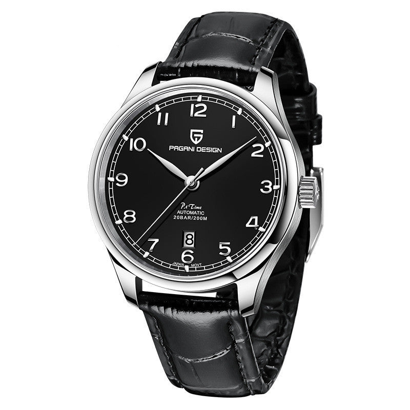 A blue mechanical watch with a round dial, stainless steel case, pin buckle, and a blue leather strap.