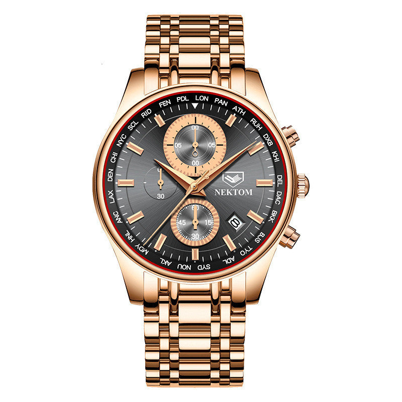 A rose gold men's quartz watch with a black dial, sapphire crystal glass mirror, and a stainless steel bracelet.