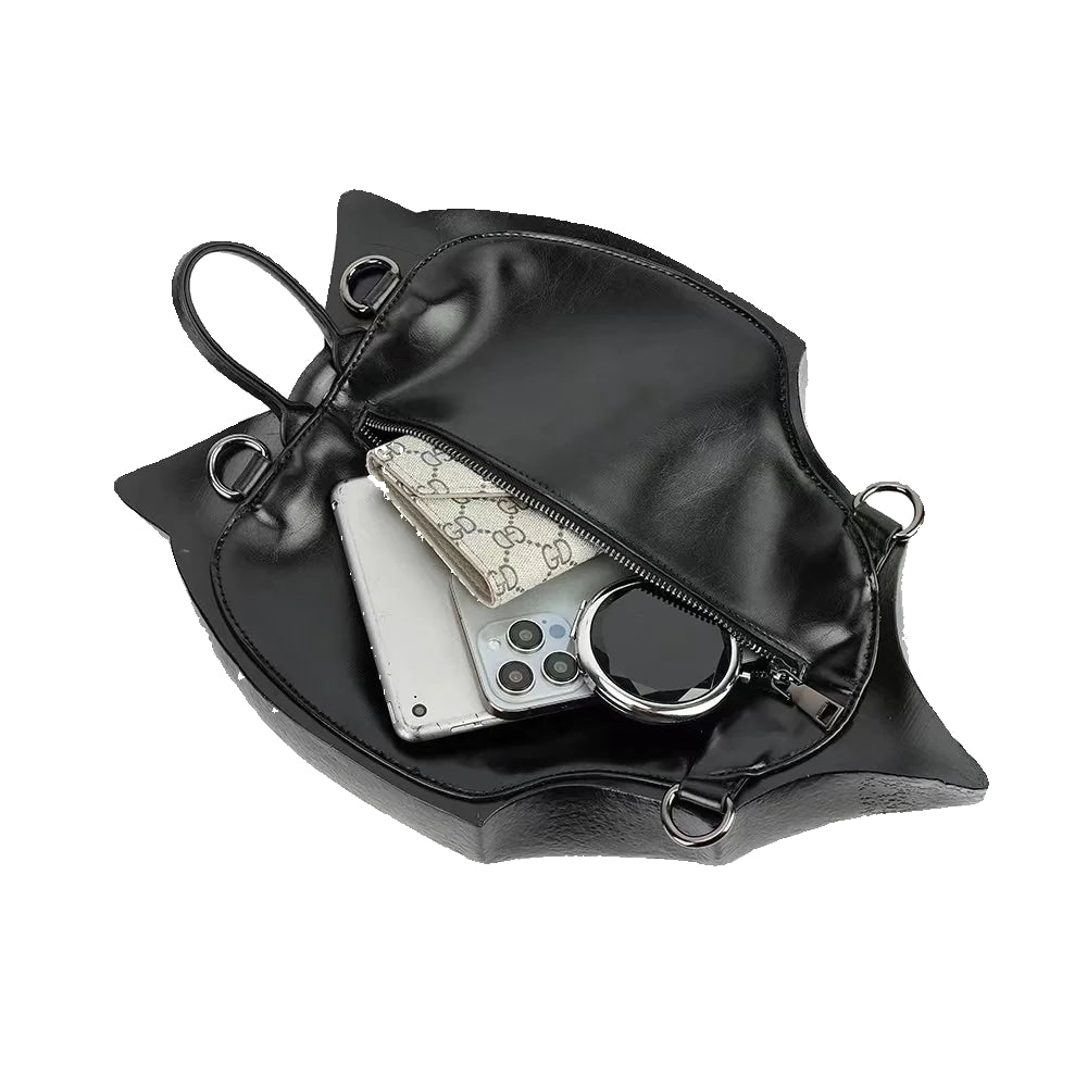 Women's Fashionable Chest Bag Large Capacity Zipper Back Pocket Original Leather Gothic Style Dark Bat Shaped Chest Bag