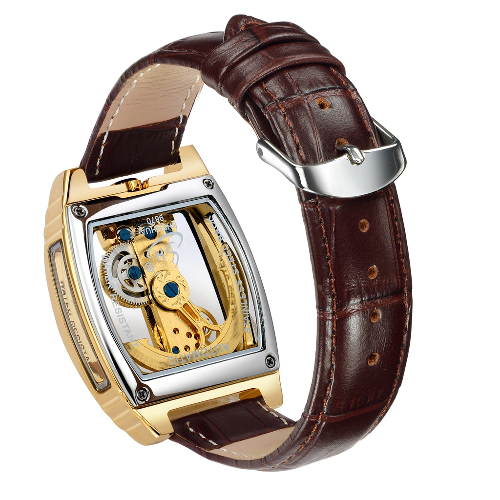 Orologio meccanico automatico da uomo SHENHUA a forma di barile, a doppia faccia, con cinturino in pelle originale.
