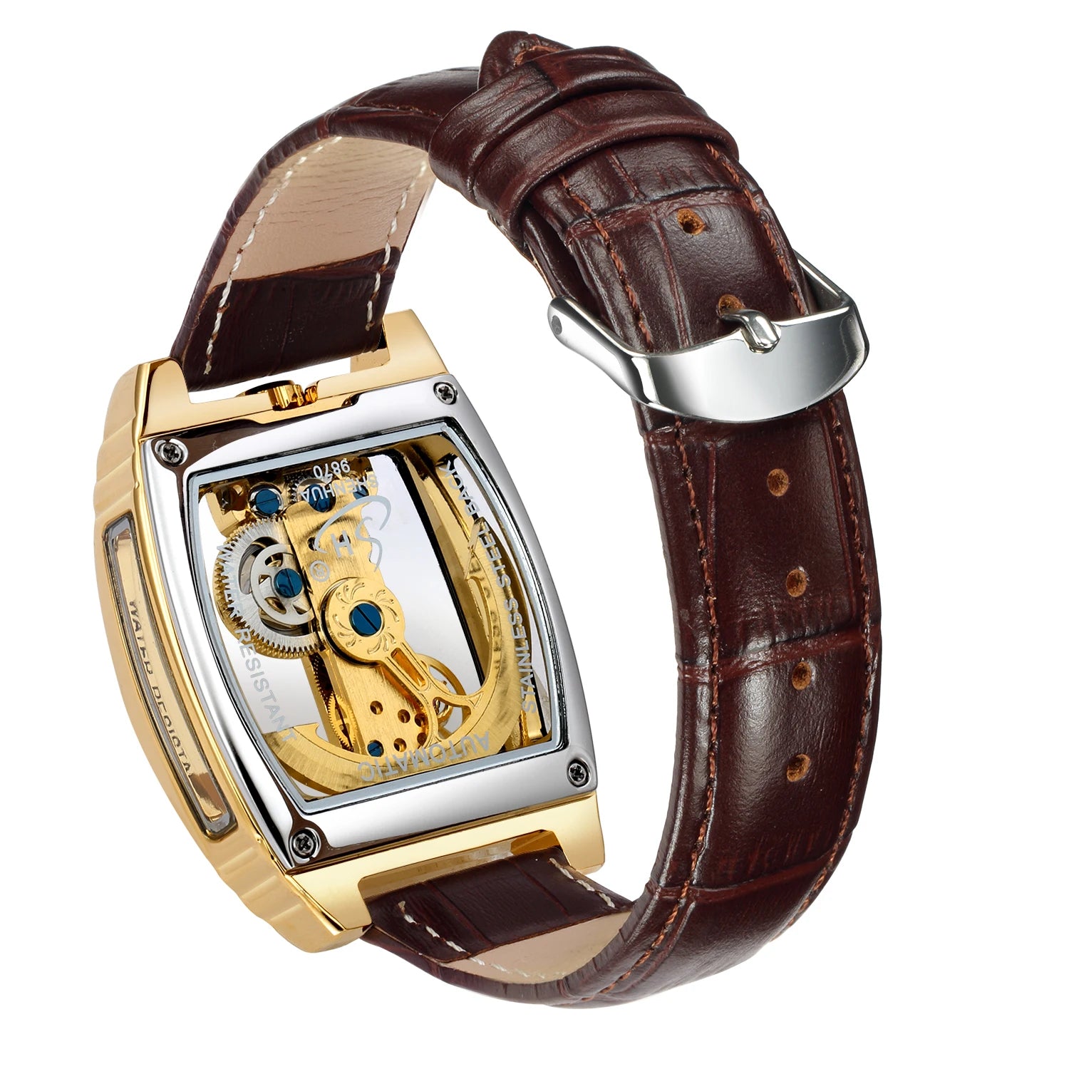 Orologio meccanico automatico da uomo SHENHUA a forma di barile, a doppia faccia, con cinturino in pelle originale.