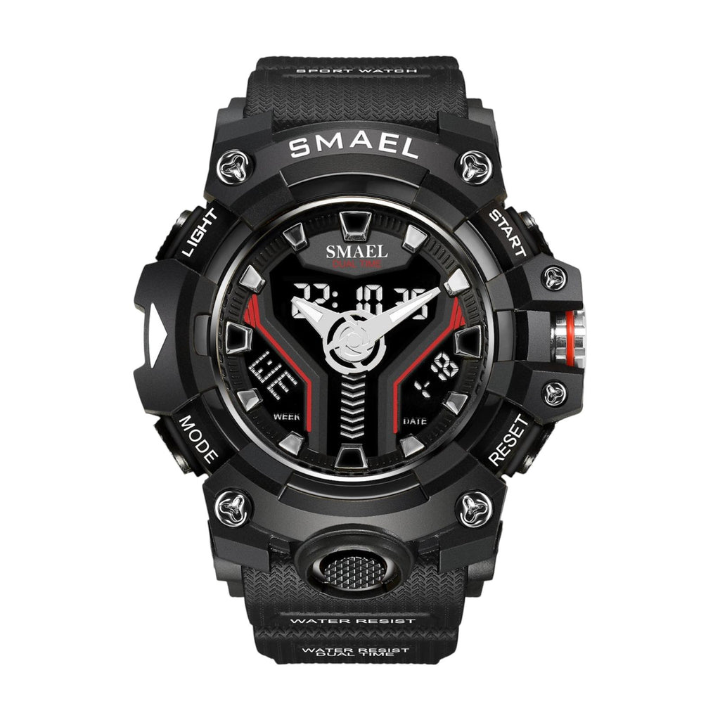 Black digital sports watch with red accents on a white background