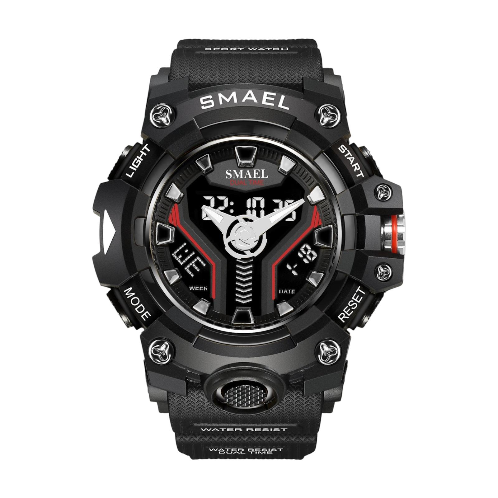 Black digital sports watch with red accents on a white background