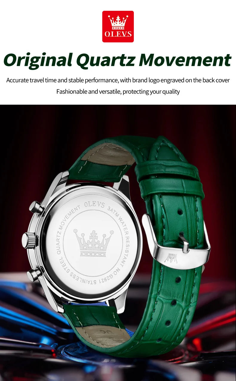 Orologio da uomo OLVES con cinturino in pelle di lusso, orologio al quarzo impermeabile con calendario luminoso da uomo