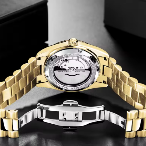 Men Automatic Movement Gold Color Steel Band Waterproof Watch - Acquisti Online
