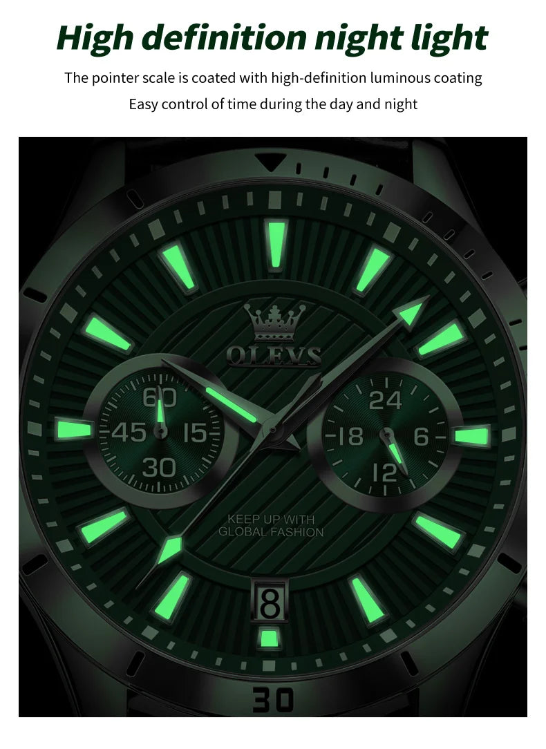 Orologio da uomo OLVES con cinturino in pelle di lusso, orologio al quarzo impermeabile con calendario luminoso da uomo