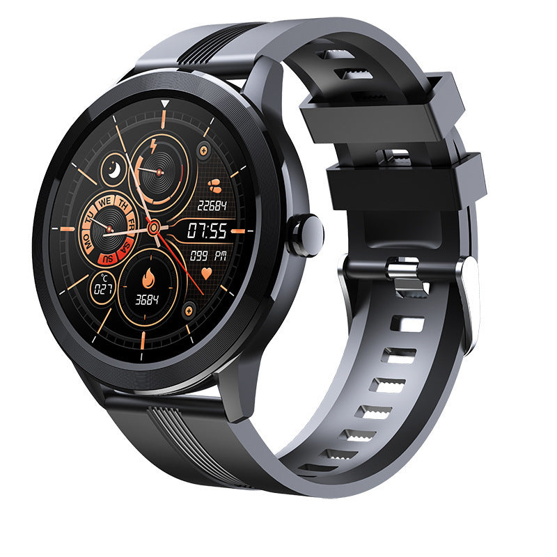 A black smartwatch with a silicone band and a color screen displaying various health metrics, indicating heart rate monitoring and sports performance features.