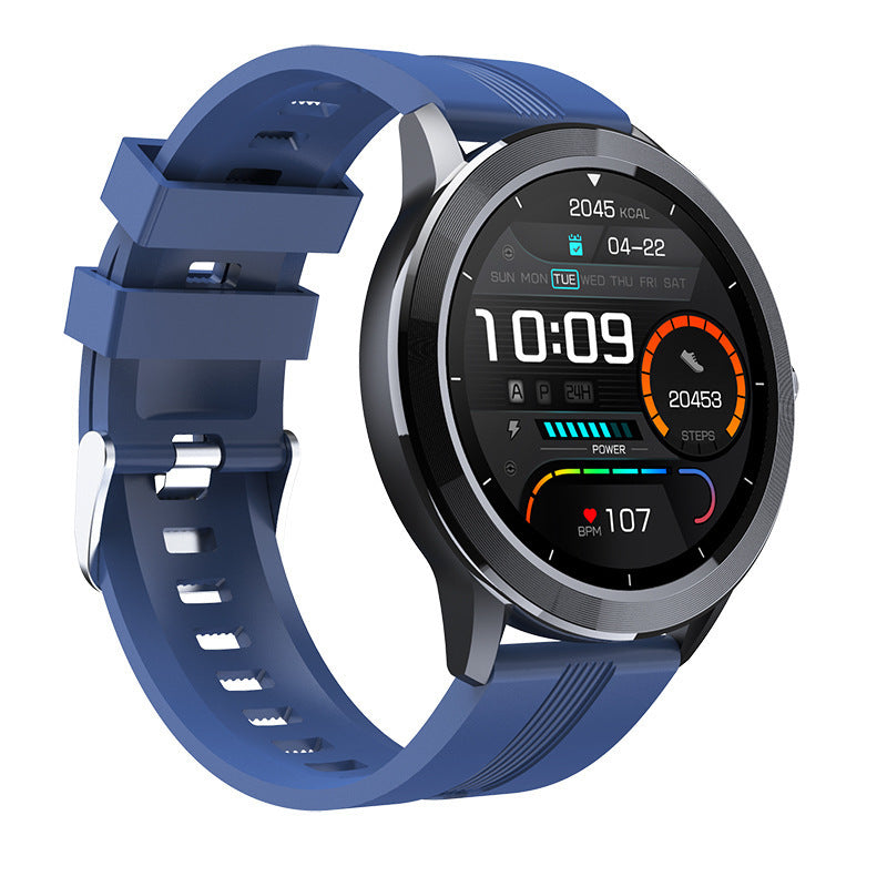 A black smartwatch with a silicone band and a color screen displaying various health metrics, indicating heart rate monitoring and sports performance features.