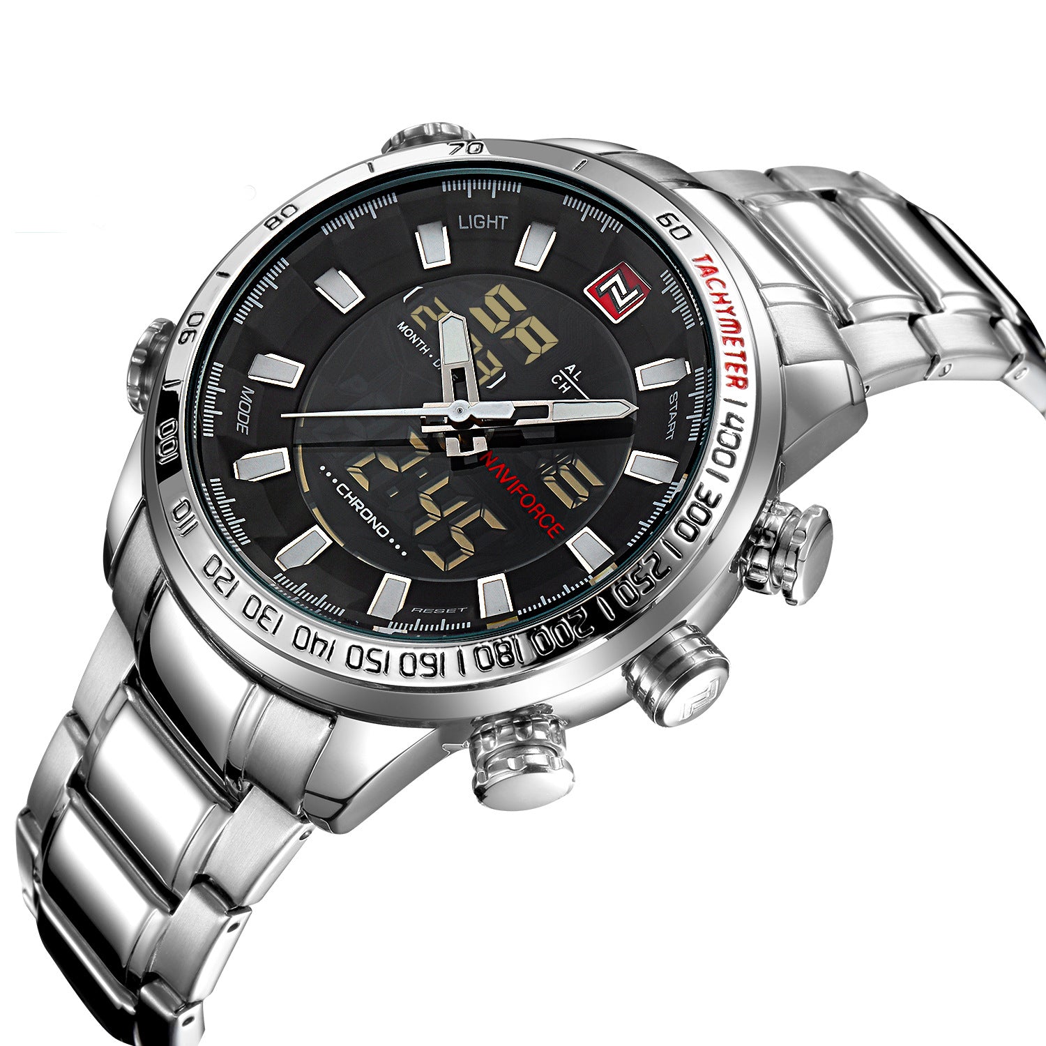 Silver wristwatch with a black dial on a white background