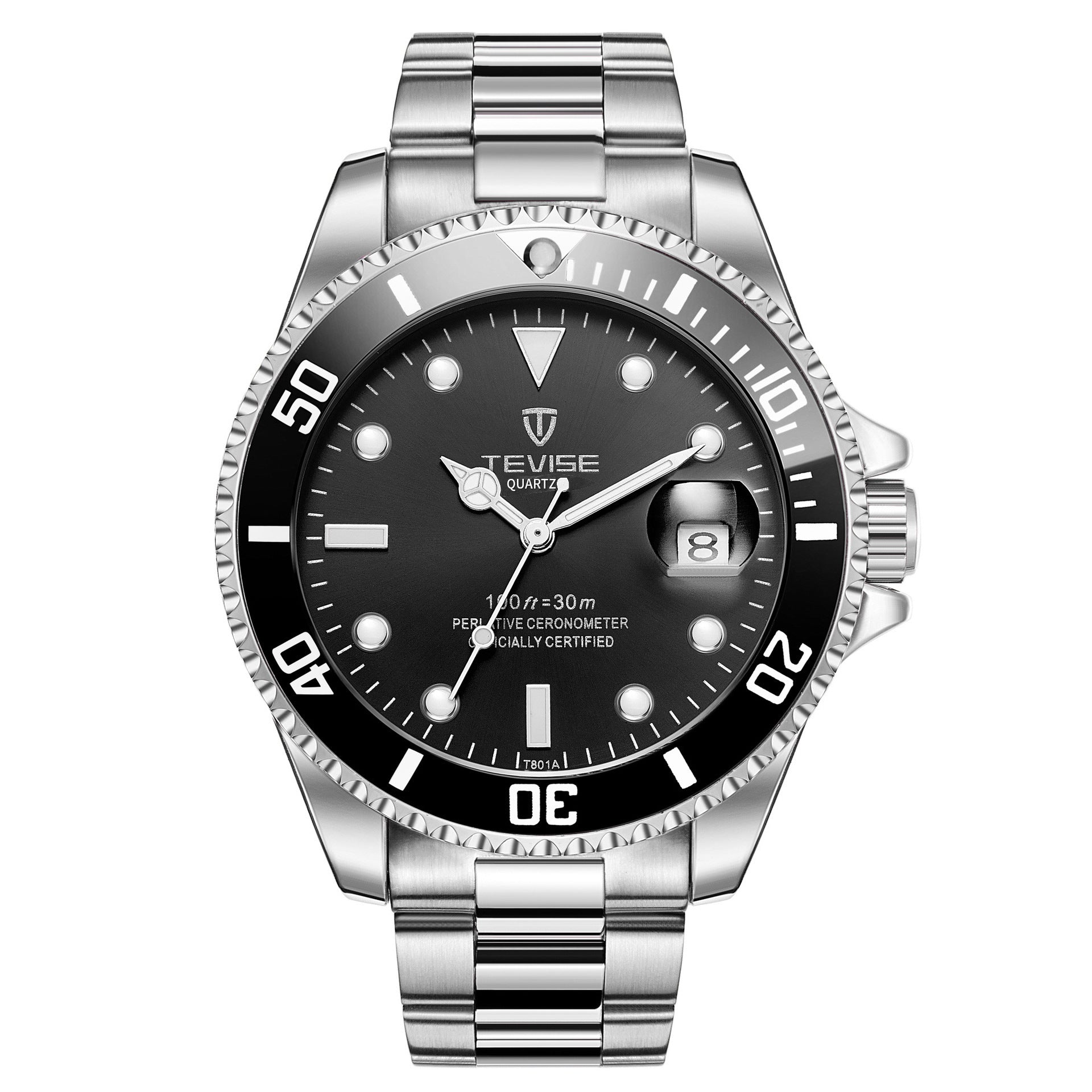 A silver stainless steel men's quartz watch with a green dial and luminous hands, a date display, and a stainless steel bracelet.