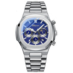Silver watch with a blue face on a white background