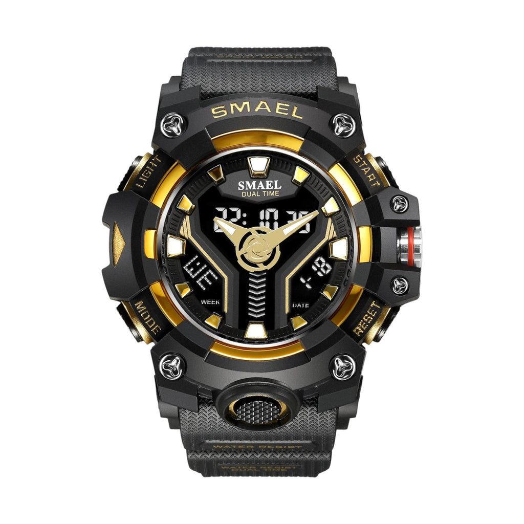 Black and gold watch with SMAEL branding on a white background