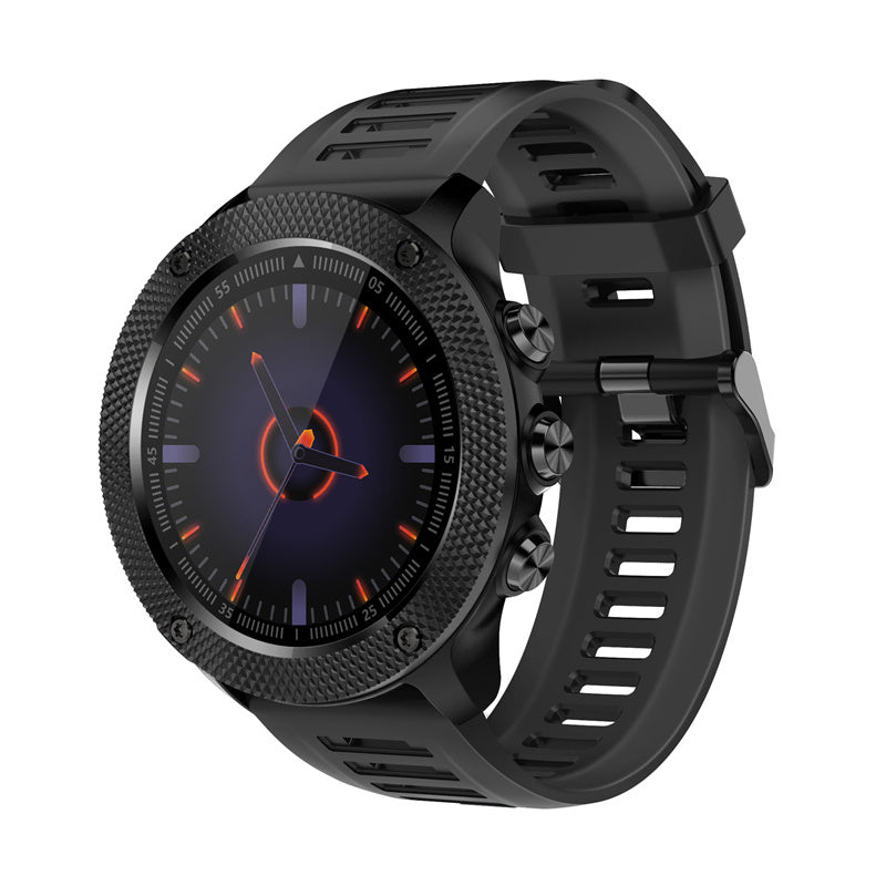A black smartwatch with a silicone strap and a digital display showing the time and various smart watch features.