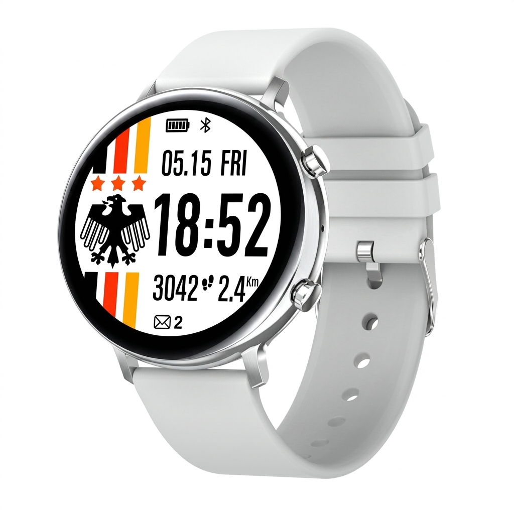 White smartwatch with a digital display on a white background