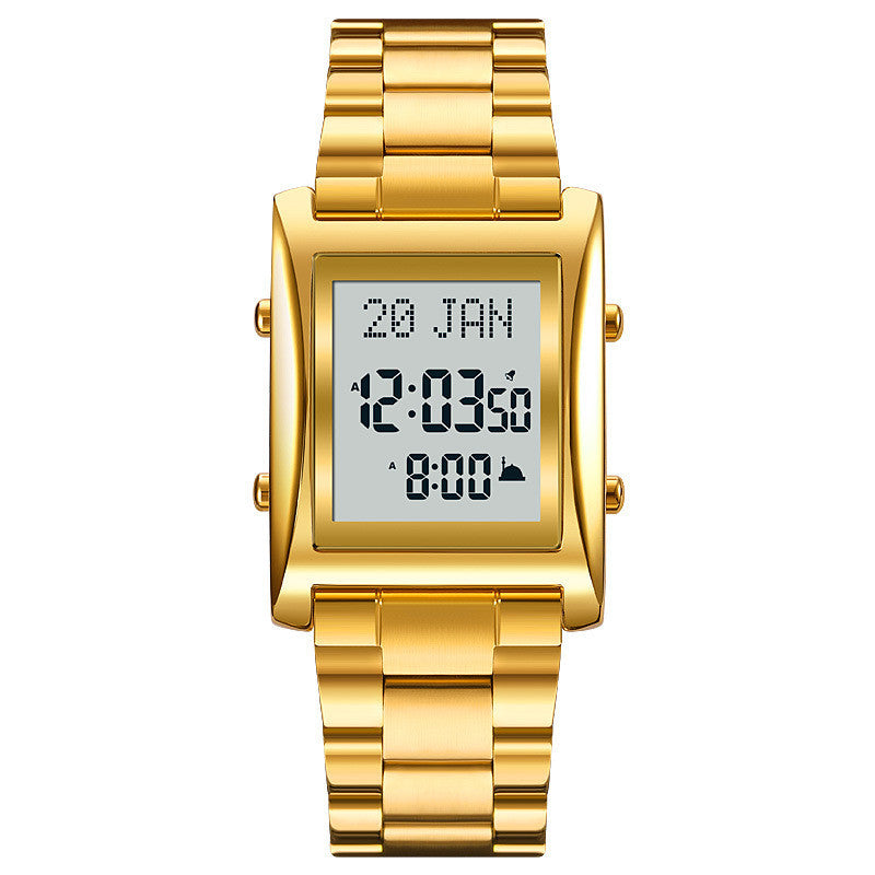A digital watch with a black band and black case, displaying a digital screen with time and date.