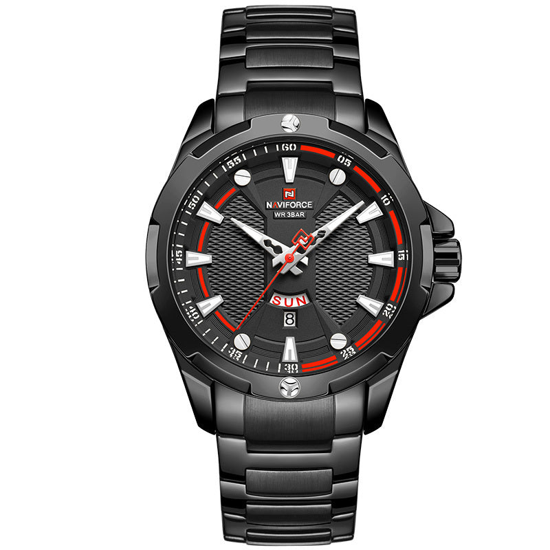 This image features a stylish men's casual watch, designed with a sleek stainless steel band and a striking gold-tone case. The watch showcases a detailed dial with a world time display, luminous hands, and a calendar function, all highlighted by a vibrant red accent on the bezel.