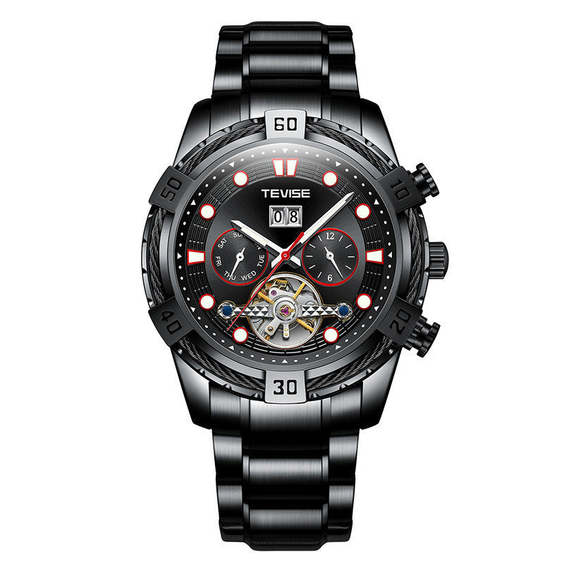 A black TEVISE men's analog watch with a round dial, stainless steel band, and mechanical movement.