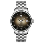 A men's mechanical watch with a silver stainless steel band and a round dark dial with roman numerals and a date display.