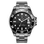 A silver stainless steel men's quartz watch with a green dial and luminous hands, a date display, and a stainless steel bracelet.