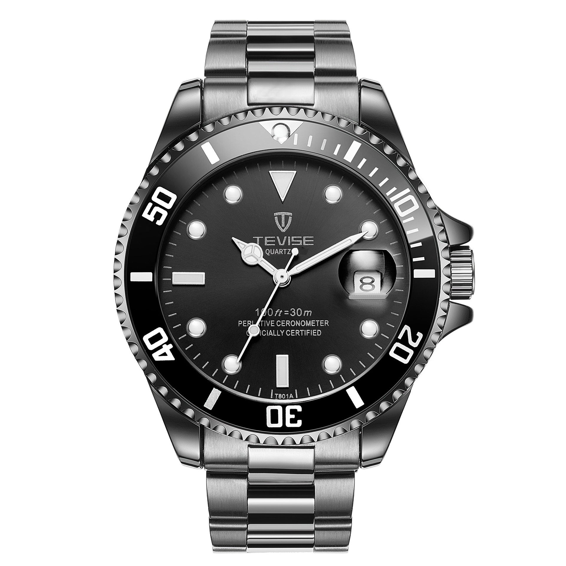 A silver stainless steel men's quartz watch with a green dial and luminous hands, a date display, and a stainless steel bracelet.