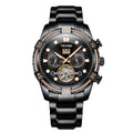 A black TEVISE men's analog watch with a round dial, stainless steel band, and mechanical movement.