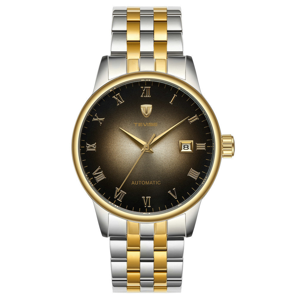 A men's mechanical watch with a silver stainless steel band and a round dark dial with roman numerals and a date display.
