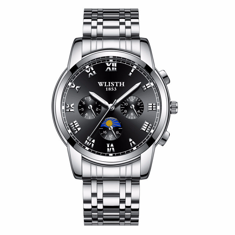 A silver stainless steel watch with a green dial, Roman numerals, and a pin buckle.