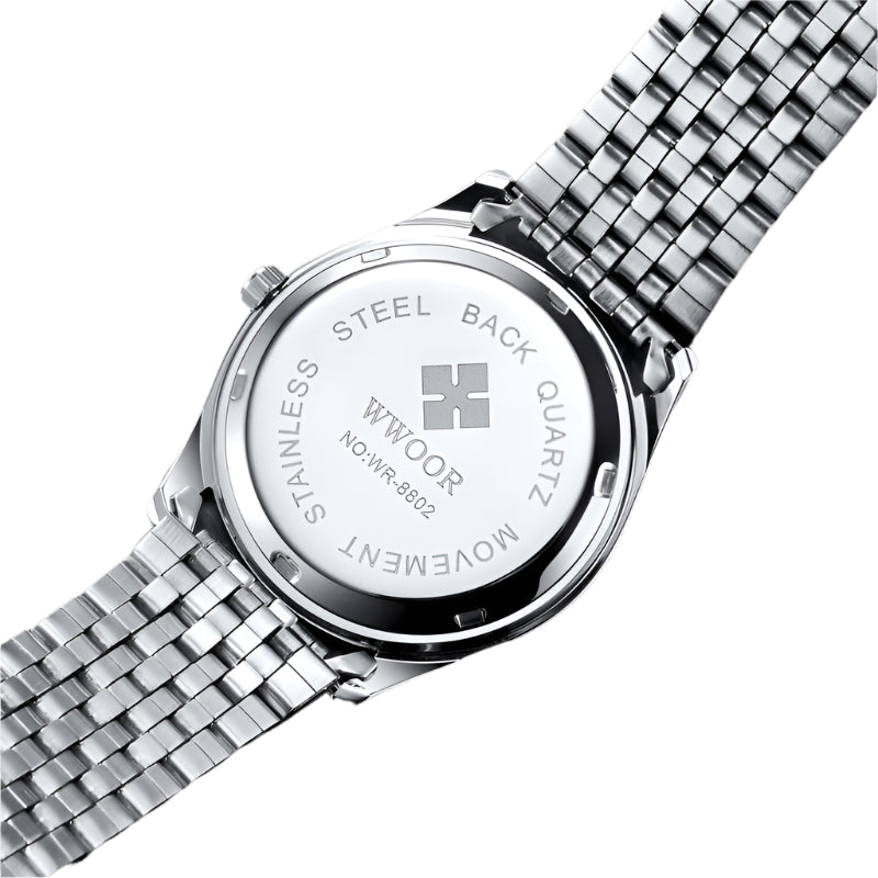 Silver watch with visible brand name on a white background