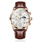 OLEVS Mens Leather Watch Chronograph Luxury Fashion Dress Analog Quartz Wrist Watch Luminous Waterproof Moon Phase Date Multi-functional Timing Quartz Watch - Acquisti Online